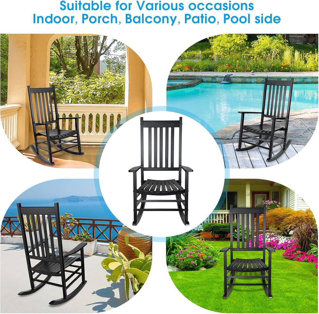 GnL Recsports Patio Rocking Chair, Outdoor Rocking Chair, Wood Porch Rocker, Wooden Rocking Chair for Adult for Garden, Lawn, Balcony, Backyard and Patio (2 Black)