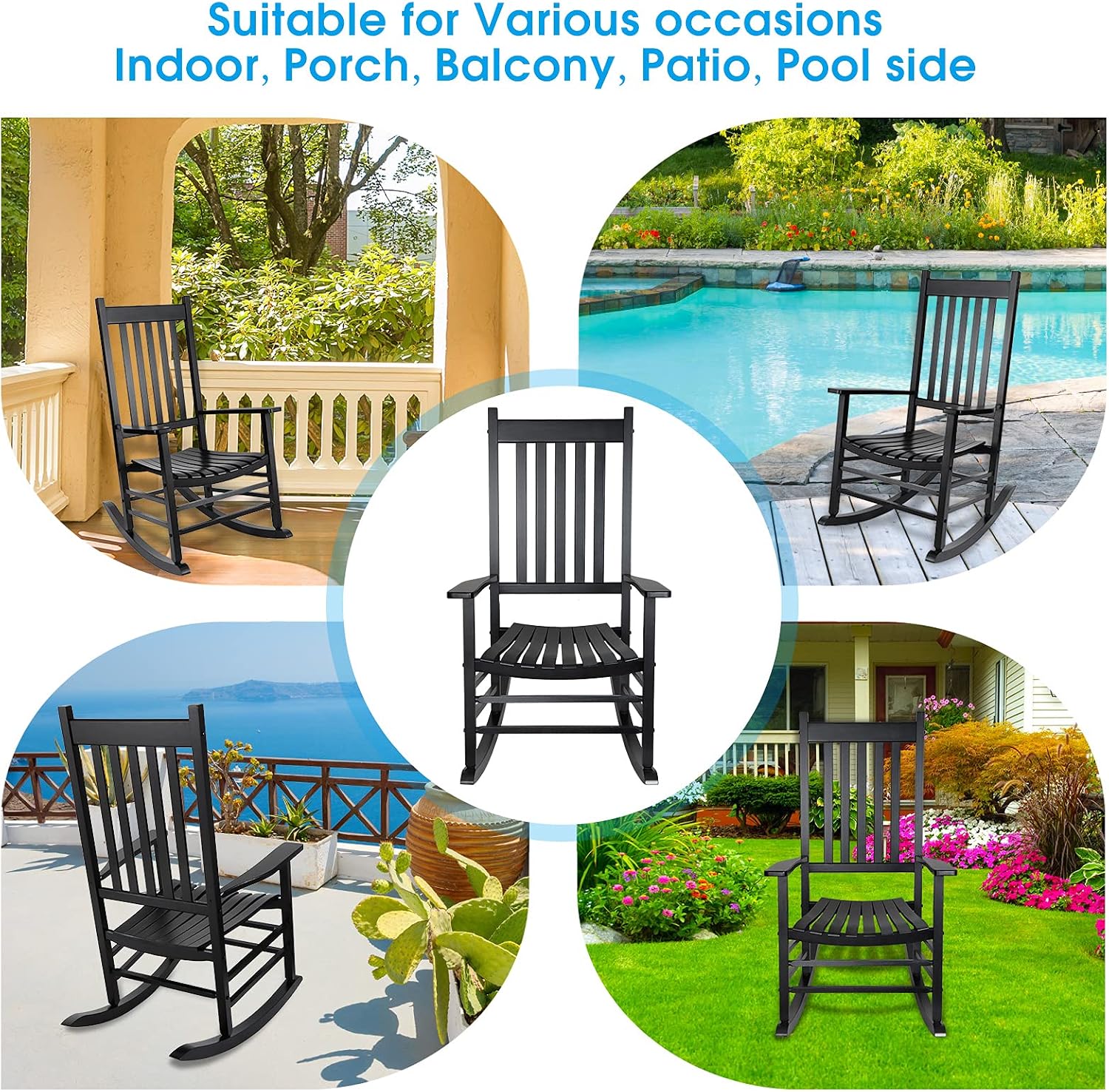 GnL Recsports Patio Rocking Chair, Outdoor Rocking Chair, Wood Porch Rocker, Wooden Rocking Chair for Adult for Garden, Lawn, Balcony, Backyard and Patio (2 Black)