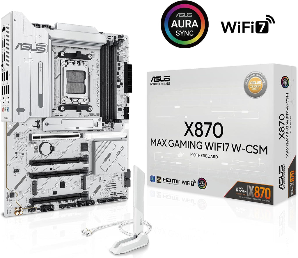 ASUS X870 MAX GAMING WIFI7 W AMD AM5 ATX Motherboard, 8-layer White PCB, 12+2+1 80A DrMOS, DDR5, PCIe 5.0 x16 Q-Release, 3x M.2, Wi-Fi 7 Q-Antenna, USB4® Type-C®, 2.5Gb LAN, BIOS FlashBack™, Aura Sync