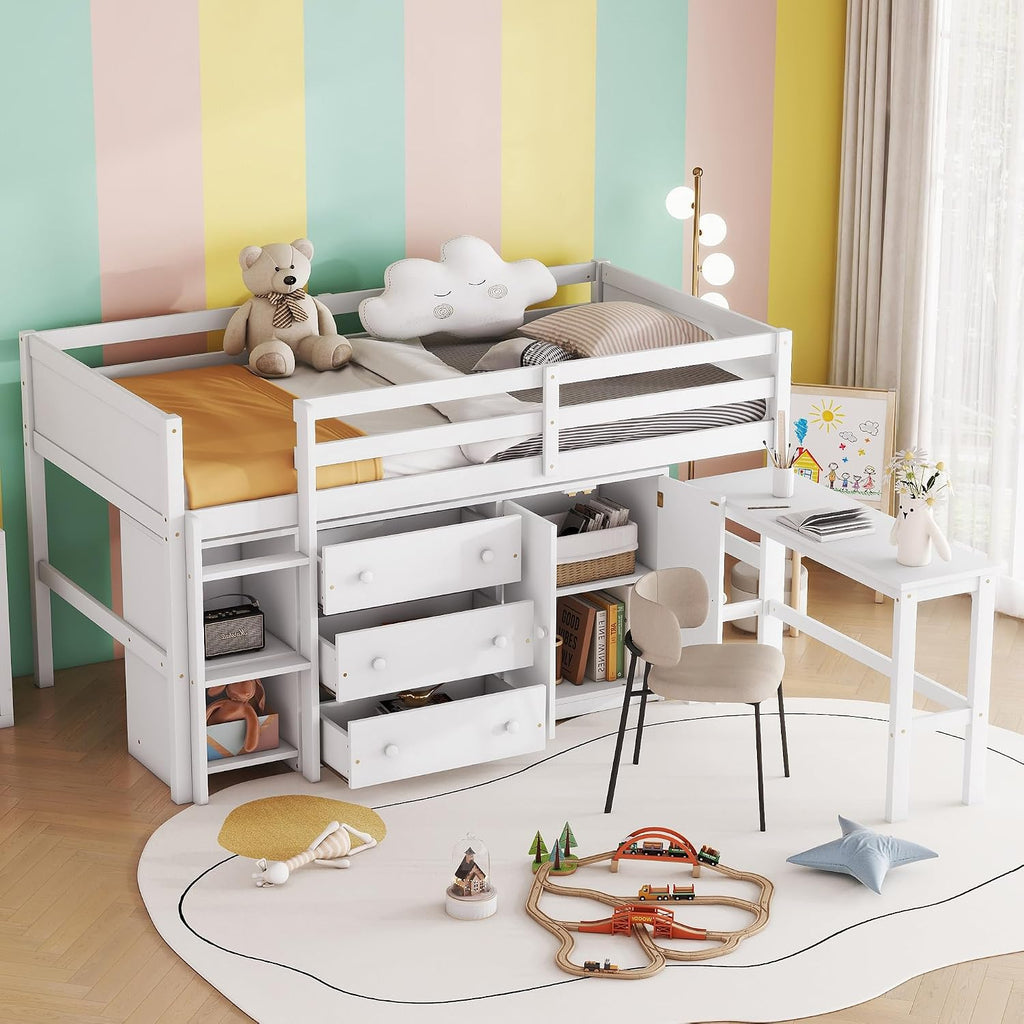 SOFTSEA Twin Size Low Loft Bed with Pull-Out Desk and Drawers, Loft Bed with Cabinet and Shelves, Wood Loft Bed Frame with Support Slats, White