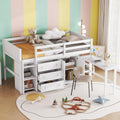 SOFTSEA Twin Size Low Loft Bed with Pull-Out Desk and Drawers, Loft Bed with Cabinet and Shelves, Wood Loft Bed Frame with Support Slats, White