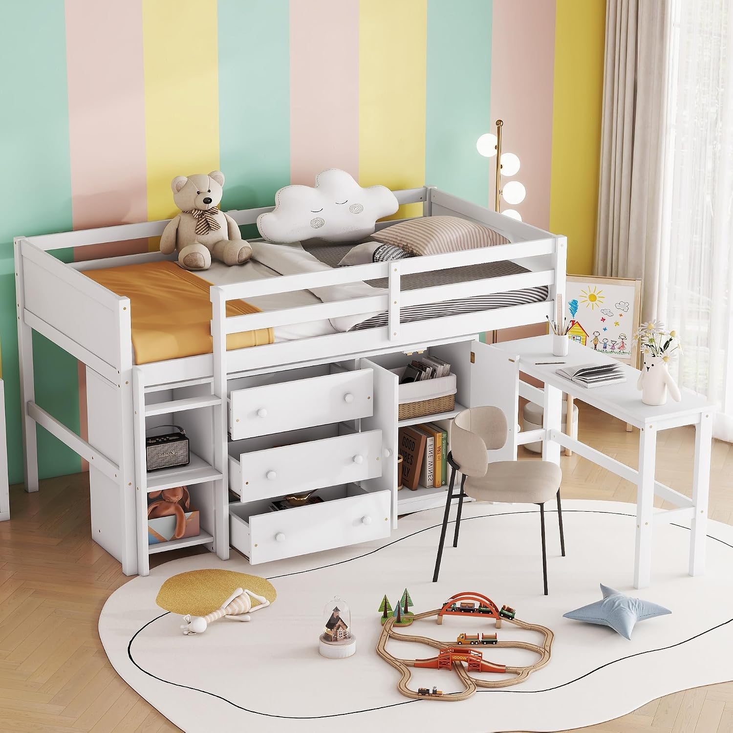 SOFTSEA Twin Size Low Loft Bed with Pull-Out Desk and Drawers, Loft Bed with Cabinet and Shelves, Wood Loft Bed Frame with Support Slats, White