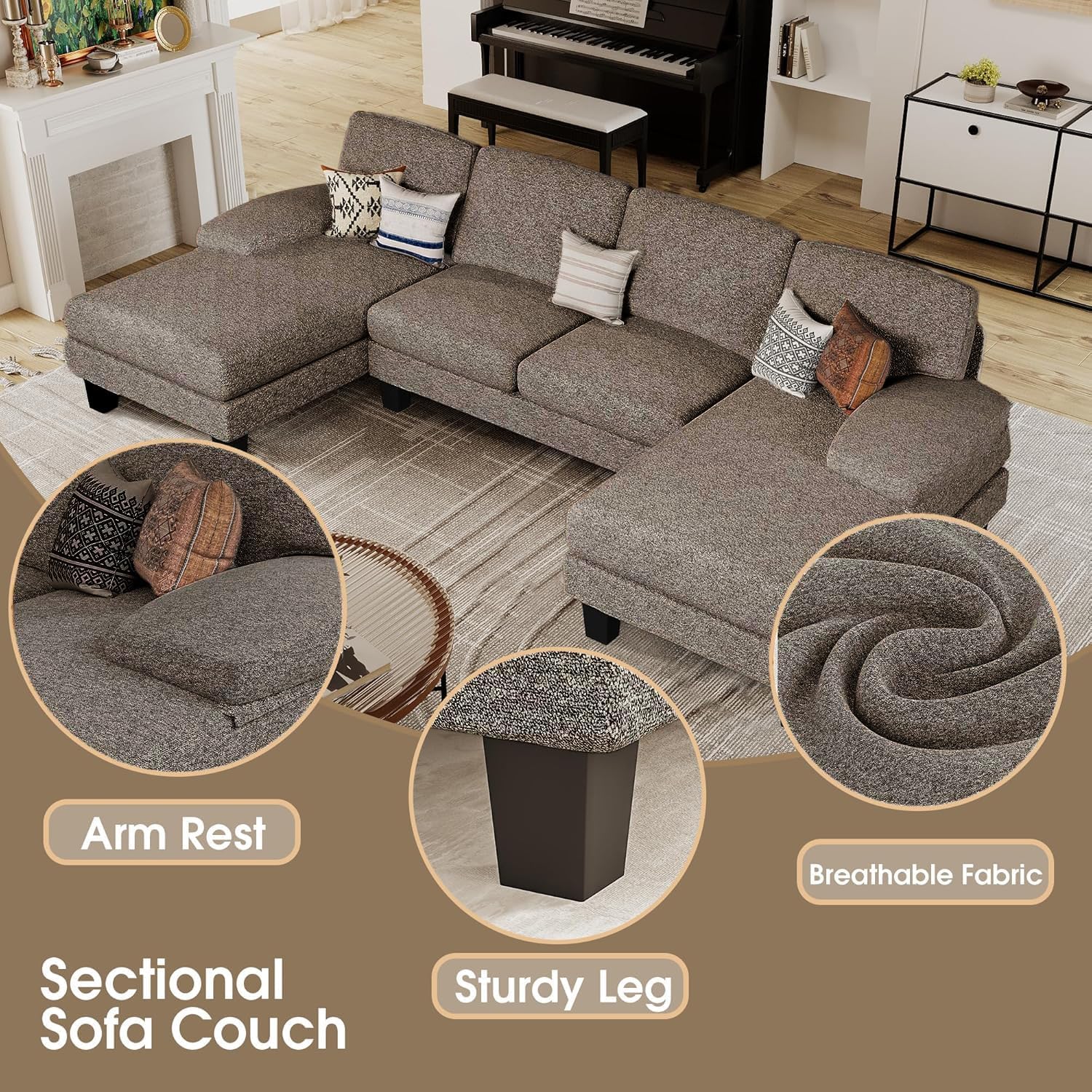 Furmax Sectional Couches for Living Room, U-Shaped Sofa Couch with Linen Fabric, 4 Seat Sofa Set with Double Chaise for Apartment (Loop Yarn, Pearl Gray)