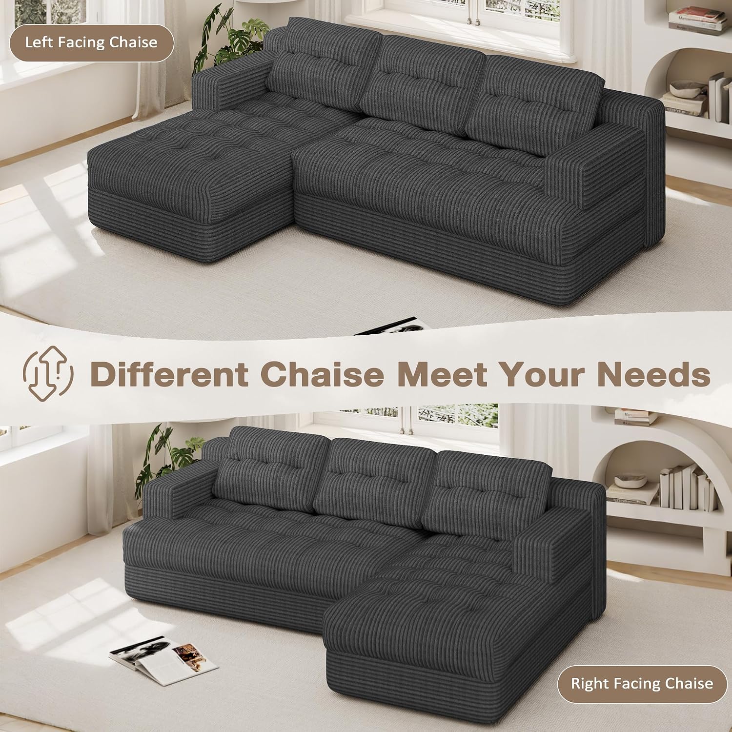 Boneless Couch, 2026 New Boneless Sectional Couch with Deep Seat & Chaise for Small Spaces, Upholstered Cloud Couch Sectional Boneless Couches for Living Room, No Assembly, Left Facing Chaise, Grey