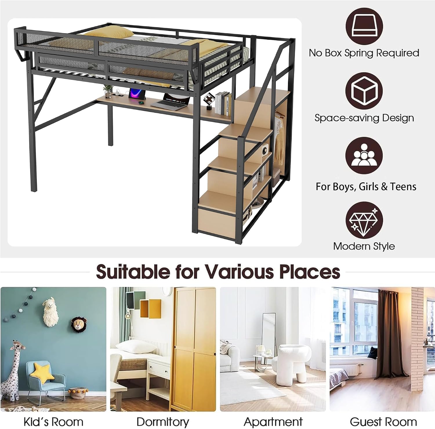 Mirightone Queen Size Loft Bed with Stairs & Desk, Metal Loft Bed Frame with LED and Charging Station, High Loft Beds Gaming Lofted Queen Bed with Storage Shelf for Kids and Teens (Black+Natural)