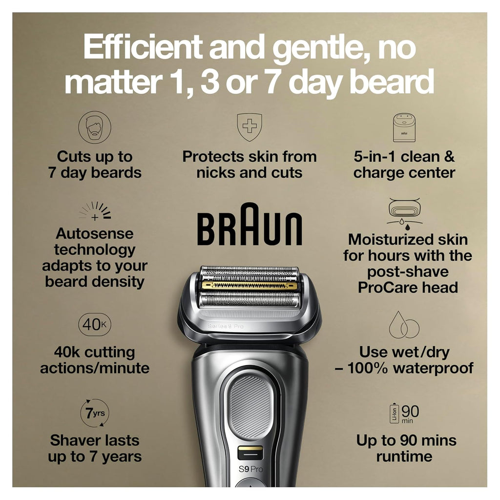 Braun Series 9 Pro 9487cc Electric Razor for Men, Wet & Dry, Rechargeable, Electric Shaver with Clean & Charge Station and ProCare Attachment w/ Clean & Renew Refill Cartridges CCR, 3 Pack