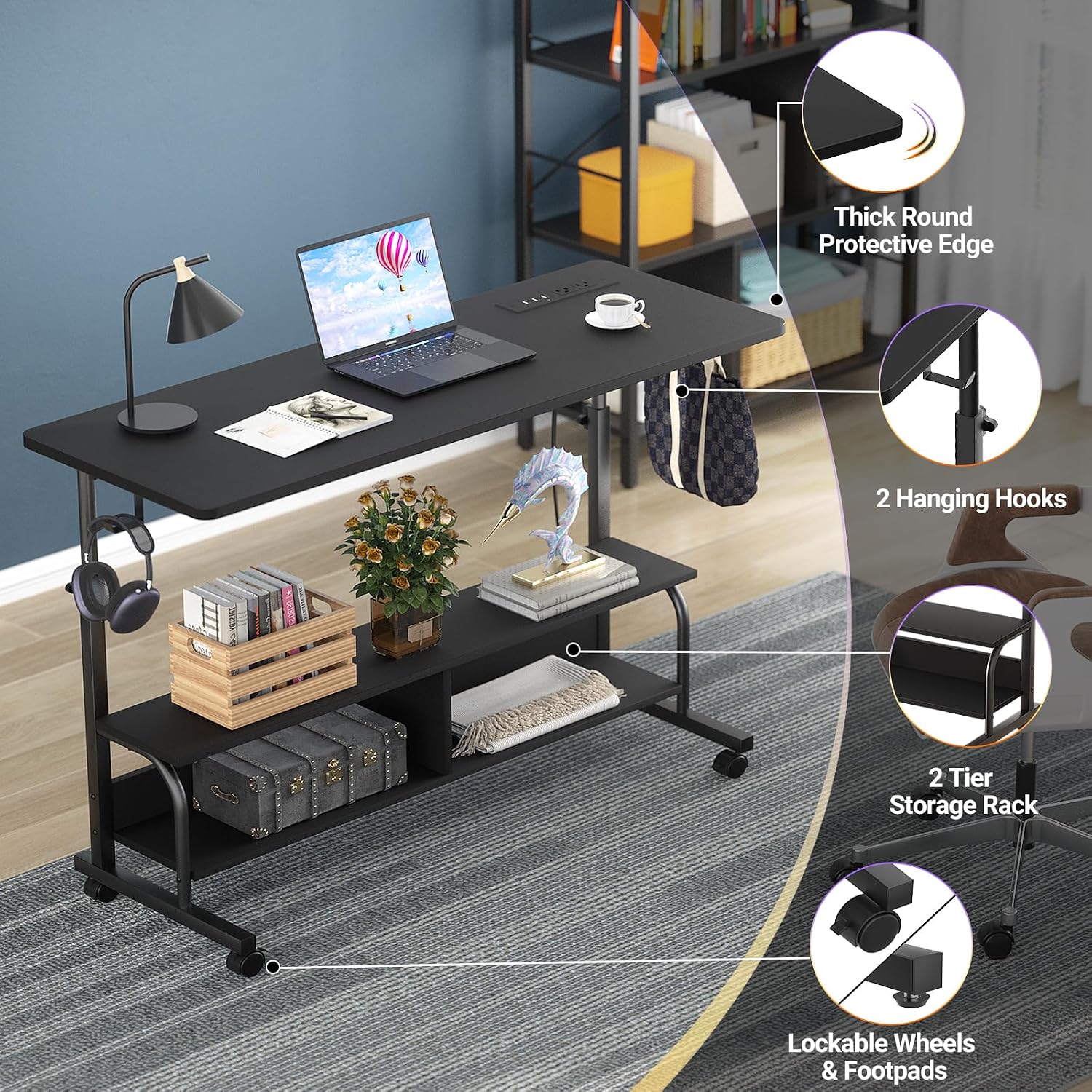 Armocity Rolling Standing Desk with Power Outlets, 47' Manual Height Adjustable Mobile Computer Desk with Wheels, Portable Sit Stand Laptop Couch Table for Bed & Sofa Home Office, Black
