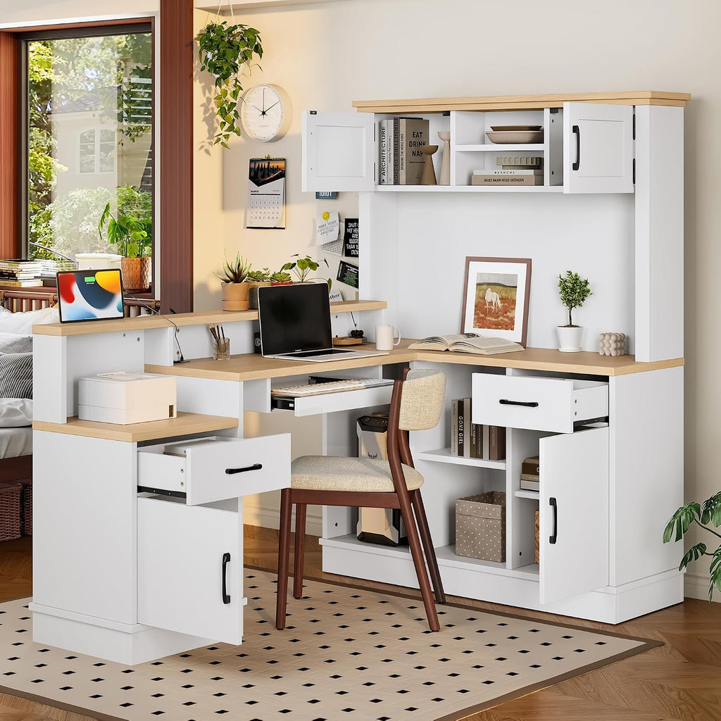 Bellemave L-Shaped Computer Desk with Power Outlet & Storage - Modern Corner Gaming Desk with Bookshelf and Drawers, Study Writing Workstation for Home Office