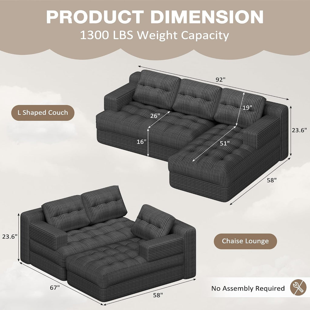 Boneless Couch, 2026 New Boneless Sectional Couch with Deep Seat & Chaise for Small Spaces, Upholstered Cloud Couch Sectional Boneless Couches for Living Room, No Assembly, Right Facing Chaise, Grey