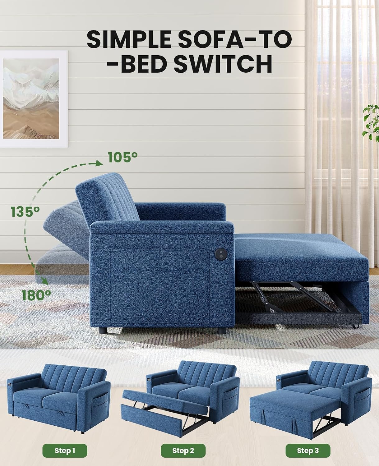 Marsail 3-in-1 Convertible Sofa Bed, 54' Sleeper Sofa with Solid Wood Side Table & Frame, Pull-Out Couch with USB Ports & Side Pockets, Loveseat Sofa with Adjustable Backrest, Blue