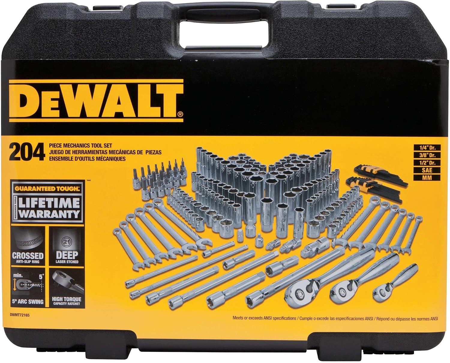 DEWALT Mechanics Tools Kit and Socket Set, 204-Piece Dewalt Tool Set, 1/4' & 3/8' & 1/2' Drive, Metric/SAE Deep and Shallow Sockets, 3/8' Hex Bits, Torx Bits, Spark Plugs, Wrenches (DWMT72165)