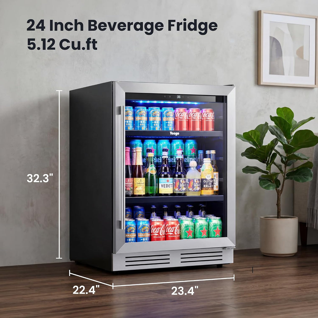 Yeego Beverage Refrigerator & Drink Fridge - 24 inch 180 Cans Beer Cooler Glass Door, 34-54℉ Under Counter Refrigerator Built-in for Drink Soda Wine for Bar Office Bedroom