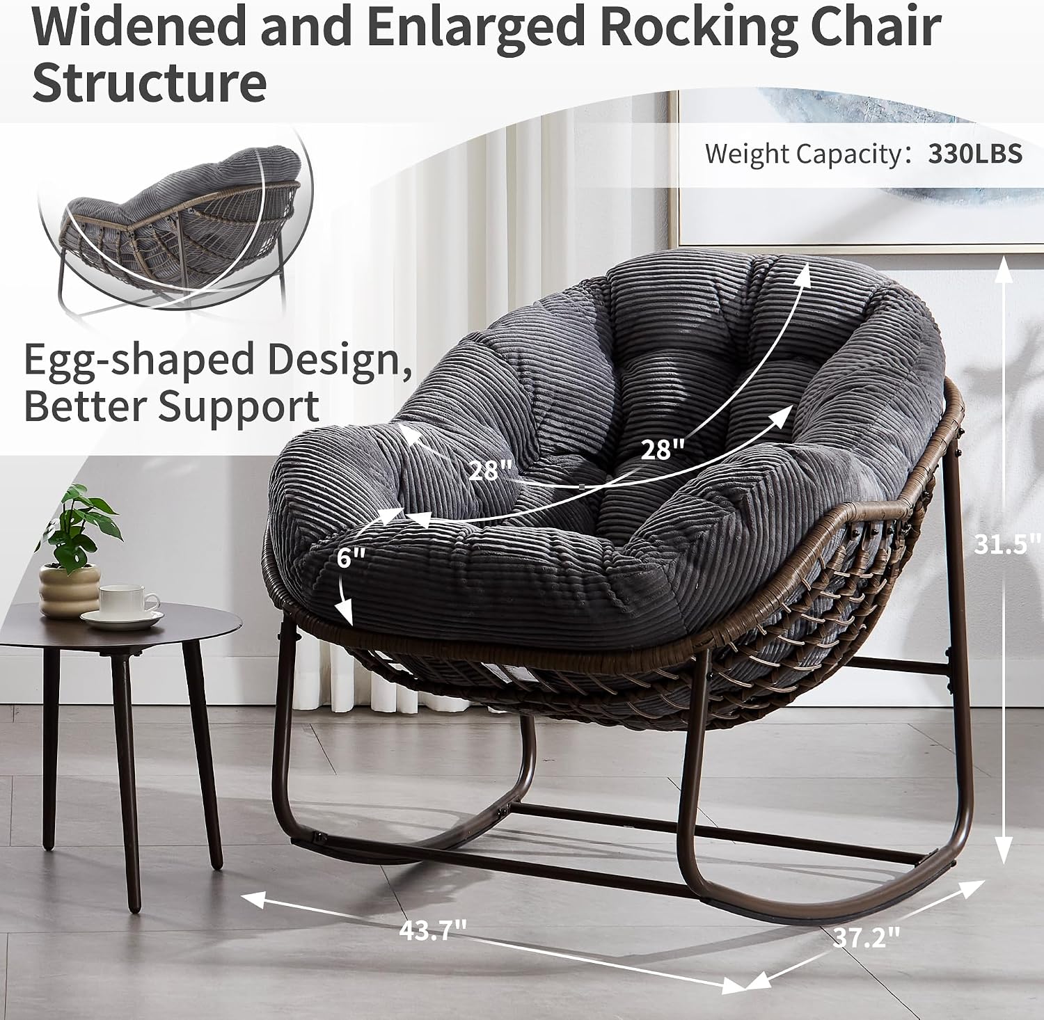 HOMEFUN Outdoor Patio Rocking Chairs, Oversized Papasan Rock Chair Indoor with Striped Velvet Padded Cushion - Rocker Egg Seat for Front Porch, Garden, Patio, Backyard Grey