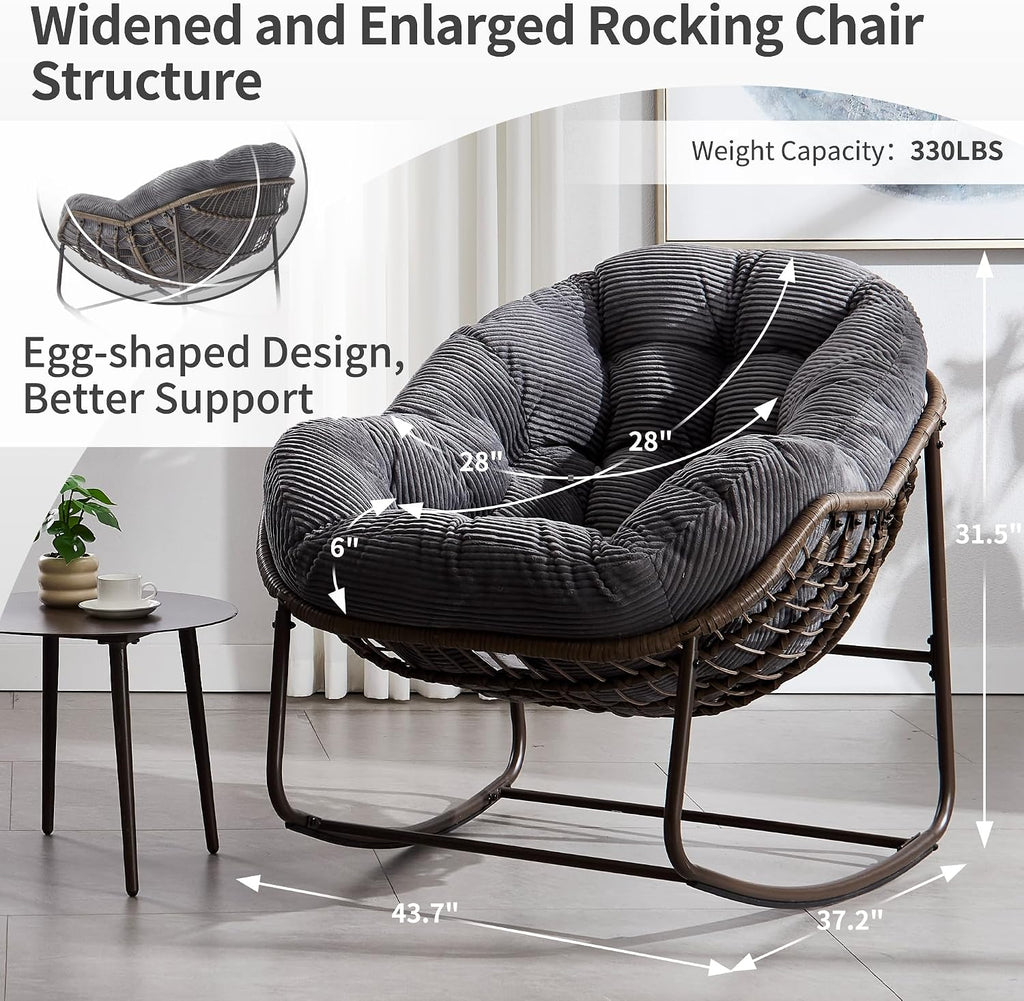 HOMEFUN Outdoor Patio Rocking Chairs Set of 2, Oversized Papasan Rock Chair Indoor with Striped Velvet Padded Cushion - Rocker Egg Seat for Front Porch, Garden, Patio, Backyard Grey
