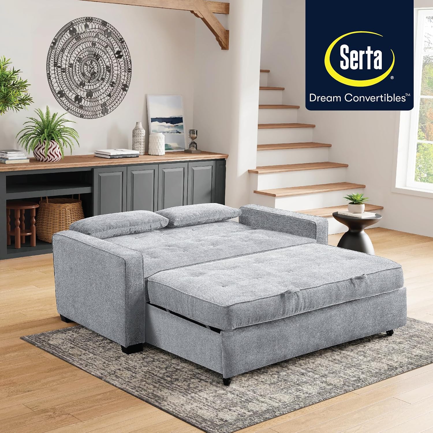 Serta Ainsley 72.6' Convertible Sleeper Sofa, Queen Size, Dreamcoil Comfort, Soft Woven Fabric, Light Grey