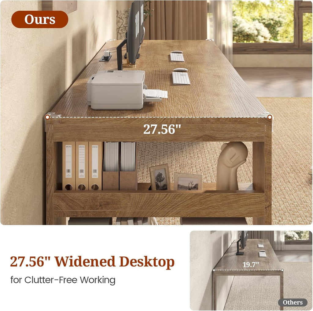 UPOSOJA 2 Person Desk with Power Outlet, 86.6' Wood Office Desk with Cable Management & Storage Shelves, Extra Long Computer Desk, Two Person Gaming Desk, Double Writing Table for Home Office, Oak