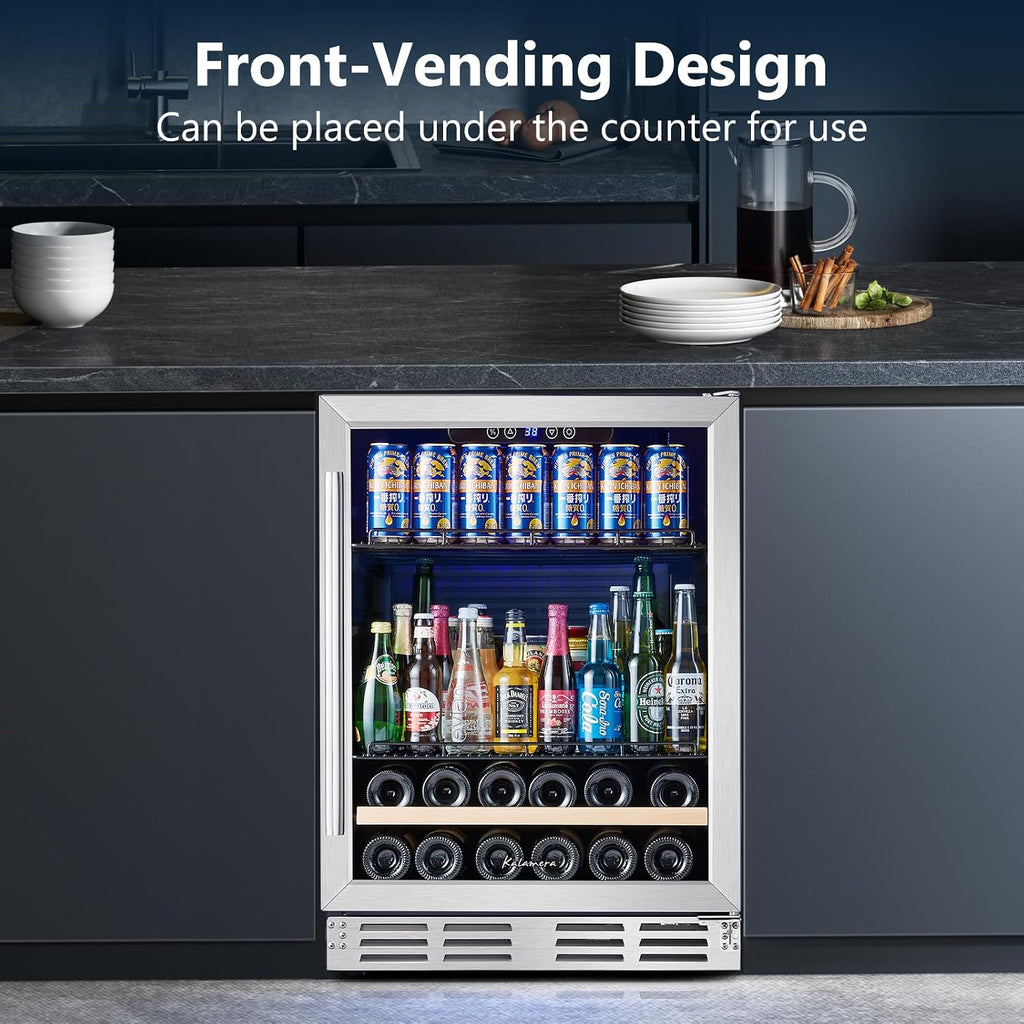 Beverage Fridge 24 Inch Beverage and Wine Cooler Built-in or Freestanding - 120 Cans & 16 Bottles Capacity Wine Refrigerator Cooler
