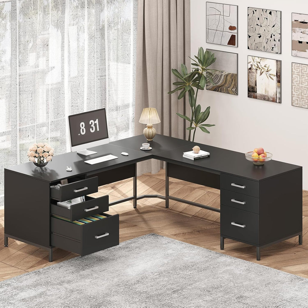 TVU 59'' L Shaped Desk with 6 Wood Drawers, Large Home Office Corner Computer Desk with Storage File Cabinet, Modern Metal Wood Desk for Executive Writing Study Workstation, Black