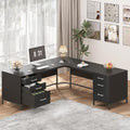 TVU 59'' L Shaped Desk with 6 Wood Drawers, Large Home Office Corner Computer Desk with Storage File Cabinet, Modern Metal Wood Desk for Executive Writing Study Workstation, Black