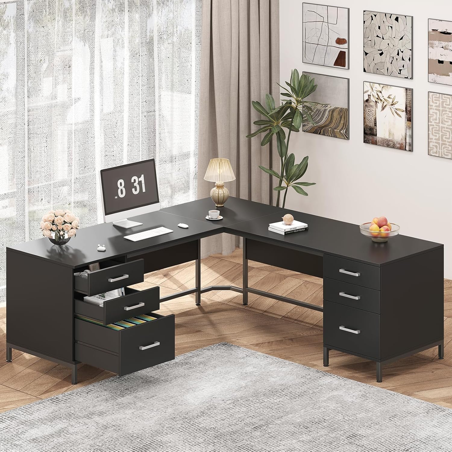 TVU 59'' L Shaped Desk with 6 Wood Drawers, Large Home Office Corner Computer Desk with Storage File Cabinet, Modern Metal Wood Desk for Executive Writing Study Workstation, Black