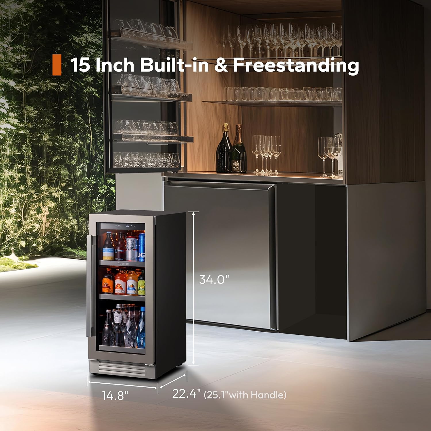 Ca'Lefort 15 Inch Beverage Refrigerator Cooler - 100 Can Mini Fridge with Glass Door for Soda Beer or Wine, 3 LED Compressor Fridge for Home Office Bar with 3 Adjustable Removable Shelves(3.0 cu.ft)