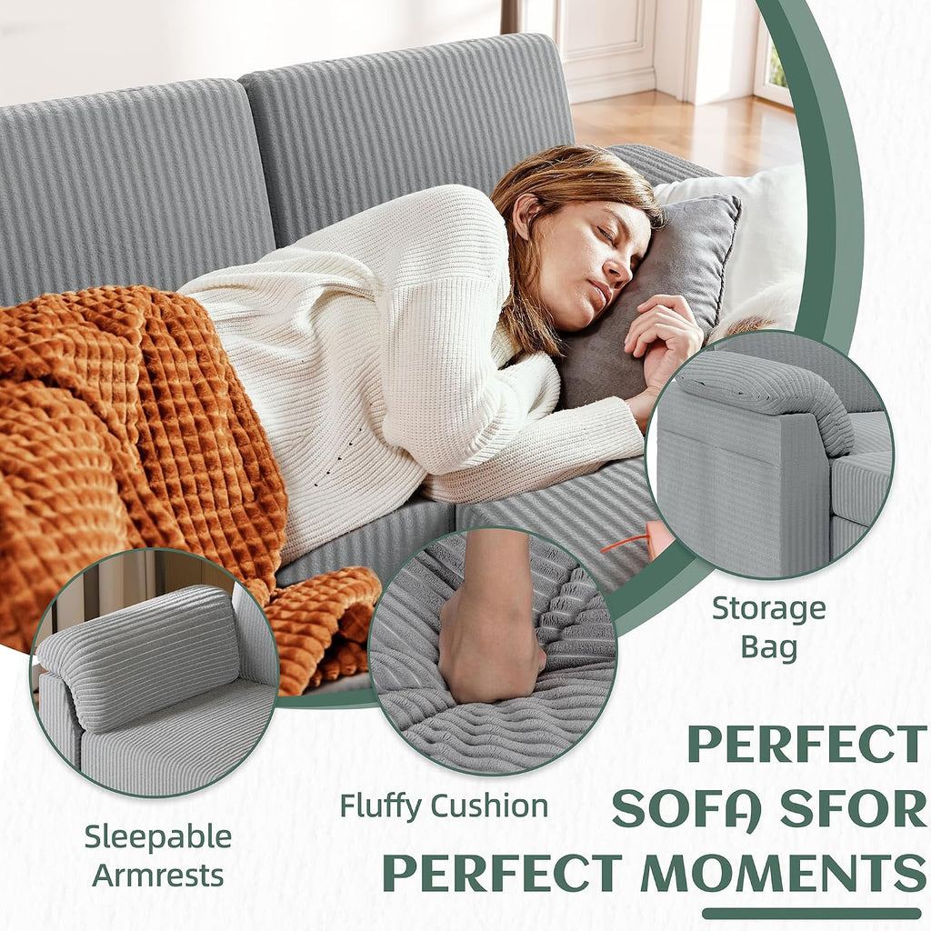 Vongrasig Convertible Sectional Couches Sofa, 3 Seat L Shaped Sofa with Removable Pillows Soft Corduroy Fabric Small Couch Mid Century for Living Room, Bed Room, Apartment and Office (Light Grey)