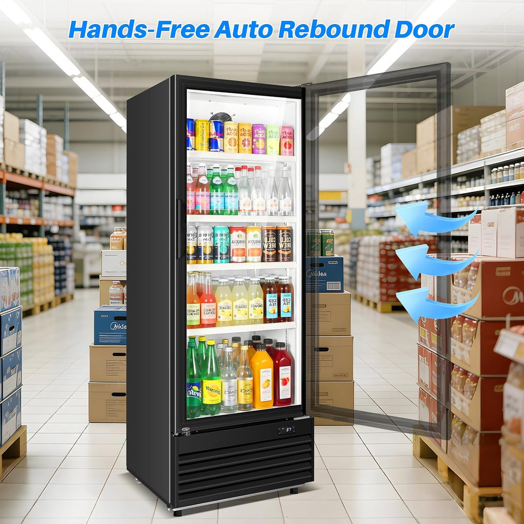 Commercial Beverage Refrigerator, 24.5' Glass Door Display Fridge, 15 Cu.Ft Freestanding Beverage Cooler with 4 Adjustable Shelves, Auto Rebound Door, Low Noise, for Shops, Restaurants & Bars, Black