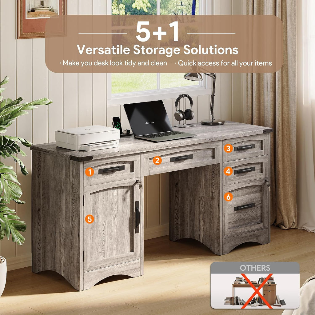 Decofy Farmhouse Executive Desk with Drawers, 55' Home Office Desks with Fast Charging Station, Lockable File Cabinet, Wood Writing Computer Desk for Work, Study, Grey