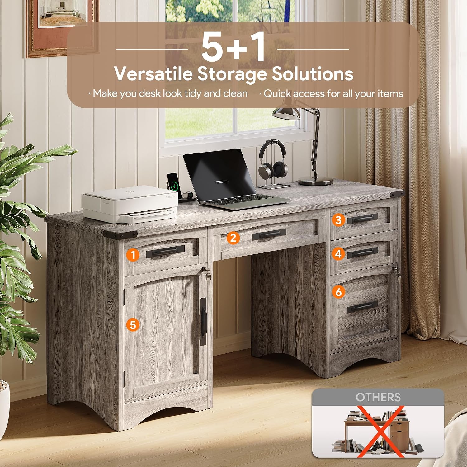 Decofy Farmhouse Executive Desk with Drawers, 55' Home Office Desks with Fast Charging Station, Lockable File Cabinet, Wood Writing Computer Desk for Work, Study, Grey