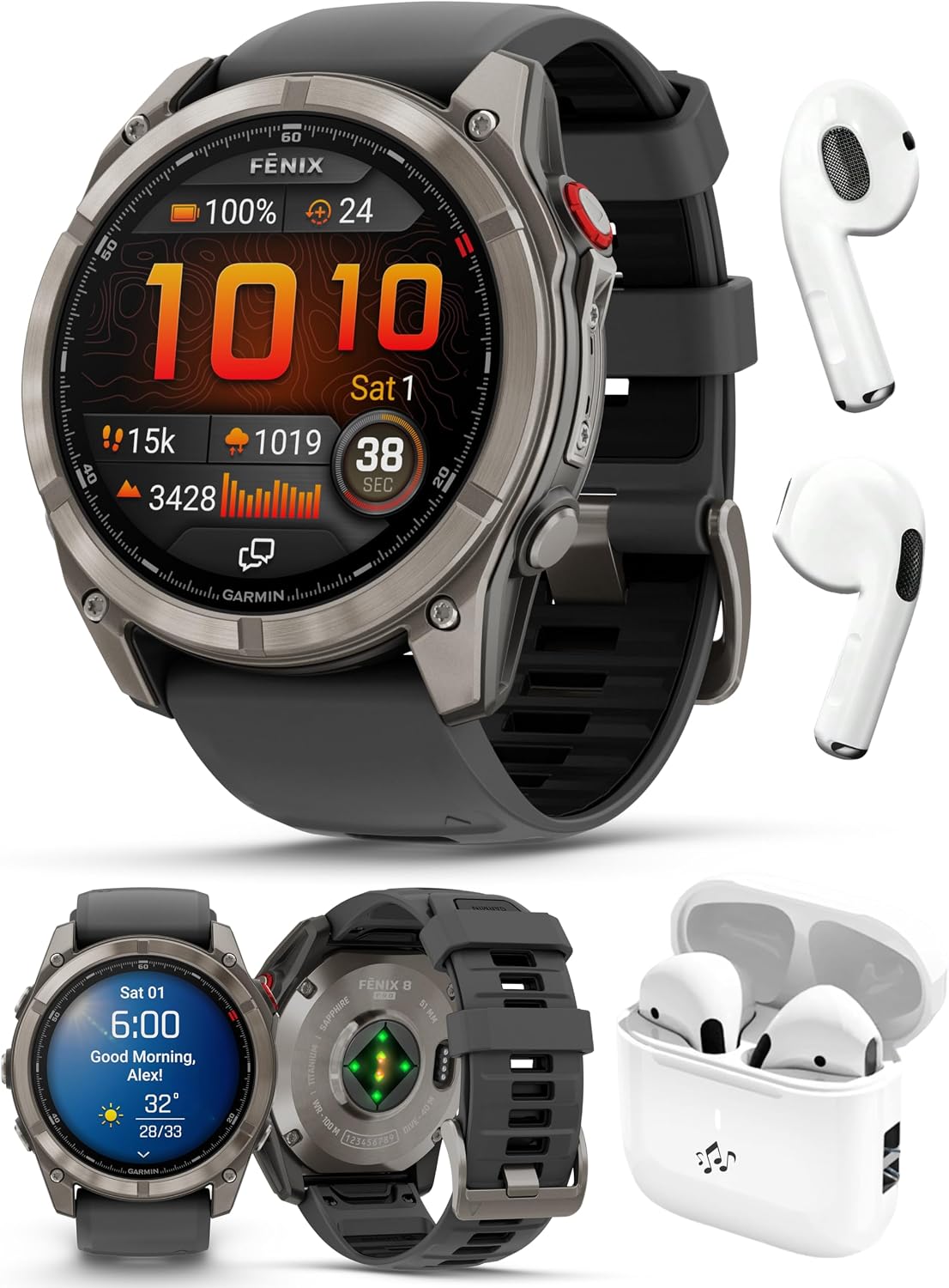 PlayBetter Garmin Fenix 8 Pro AMOLED Sapphire (51mm, Titanium/Graphite) Multisport GPS Smartwatch Bundle - 1.4' Touchscreen, inReach Technology Wireless Running Earbuds
