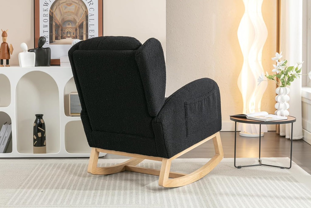 Nursery Glider Chair - Wingback Teddy Upholstered Rocking Chair with High Backrest, Ergonomic Rocker Chair for Breastfeeding & Baby Room, Modern Accent Armchair for Living Room & Bedroom, Black
