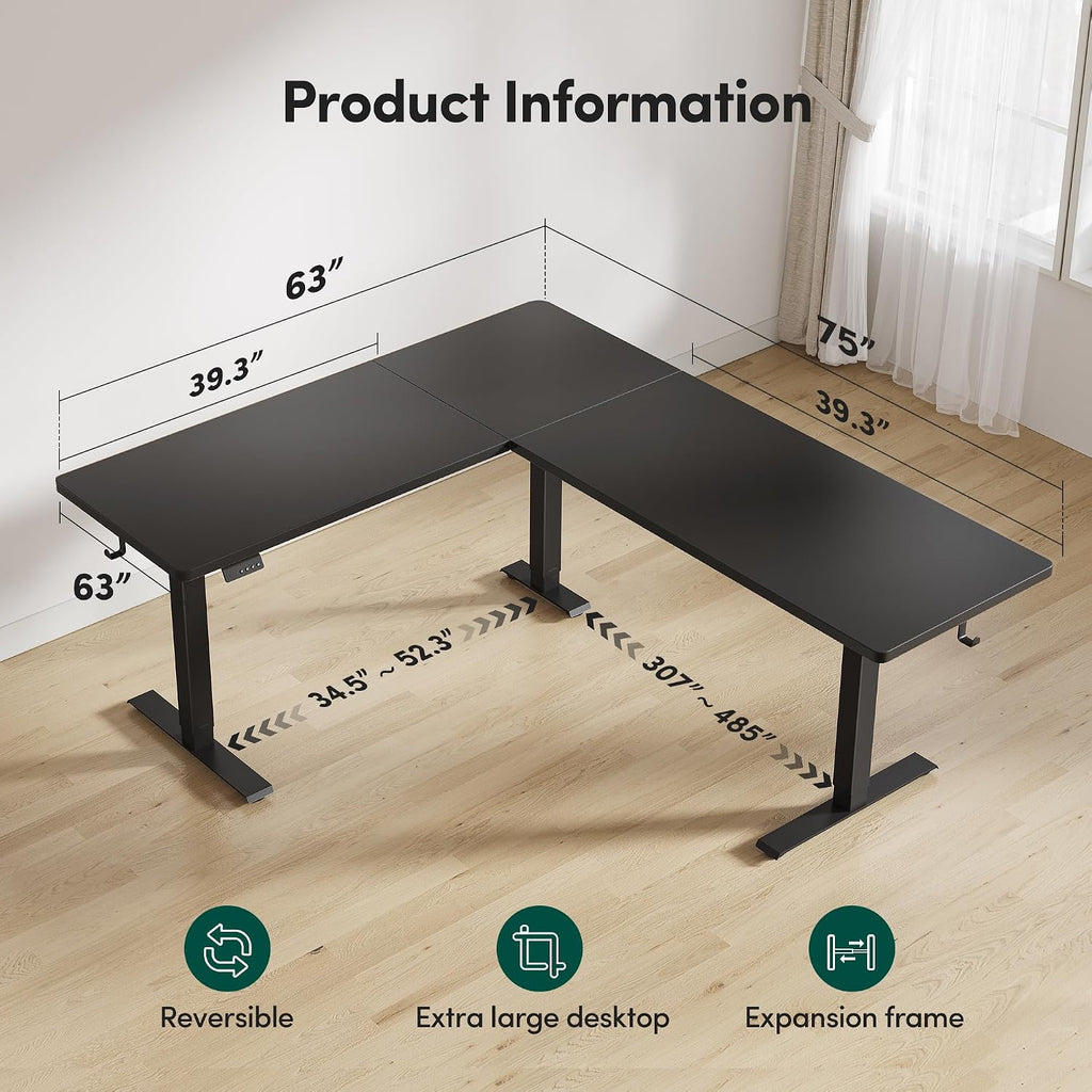 FEZIBO 75' x 63' L Shaped Standing Desk Adjustable Height, 75 Inch Electric Stand up Corner Computer Desk, Sit Stand Home Office Desk with Splice Board, Black