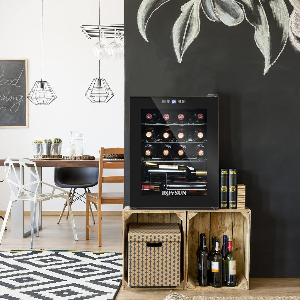 ROVSUN 22''H Small Wine Fridge with Compressor, 16 Bottles Freestanding Wine Cooler Refrigerator with Touch Panel Control and Glass Door, Wine Cellar for Red, White, Champagne or Sparkling, 41-64°F