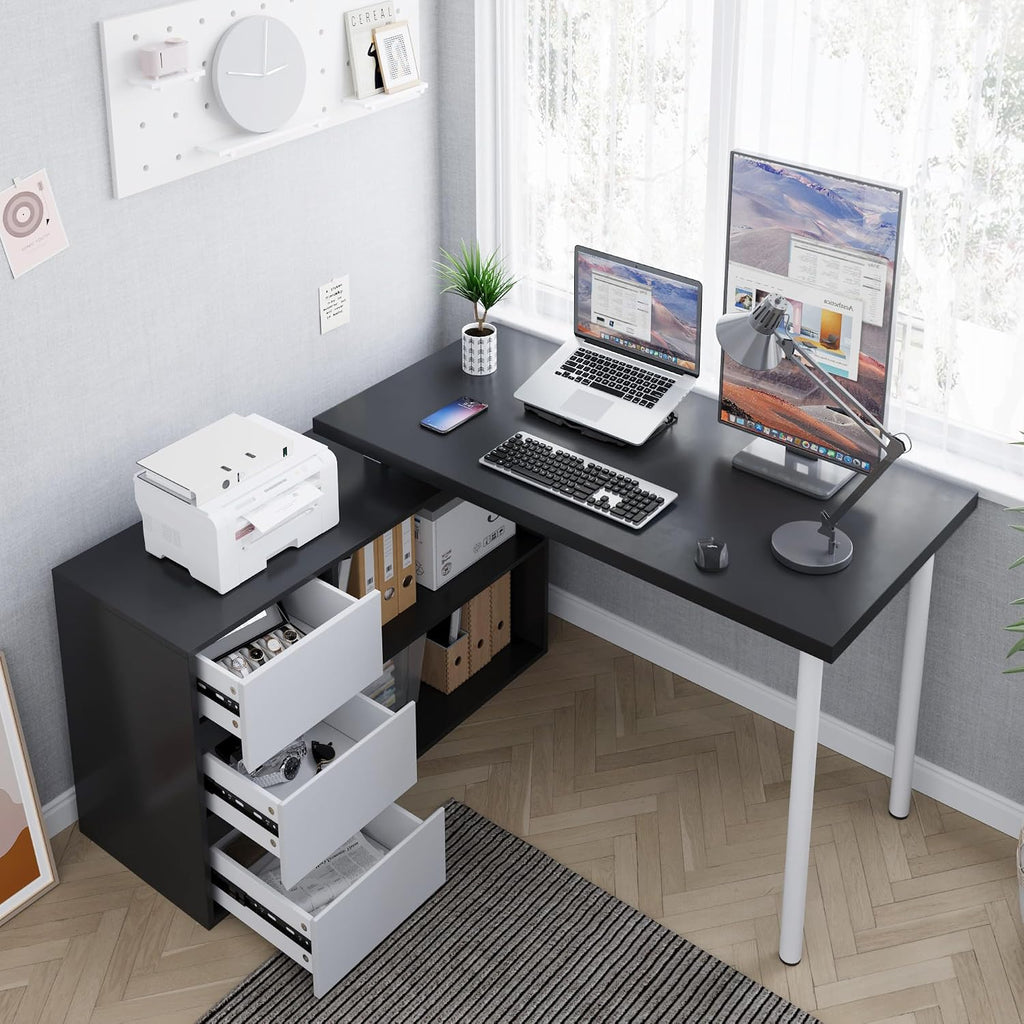 Home Office Computer Desk Corner Desk with 3 White Drawers and 2 Shelves, 53-inch L-Shaped Study Desk with Storage, Black + White
