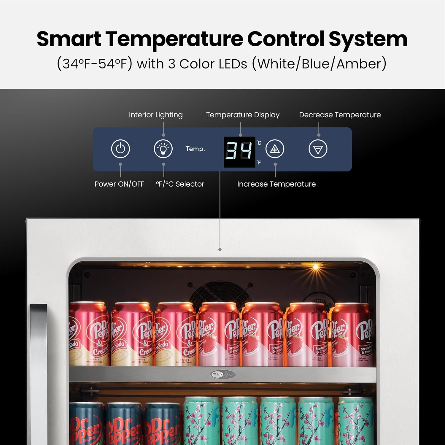 Whynter Beverage Refrigerator 24 Inch Drink Fridge with Glass Door Beverage Cooler 140 Cans Under Counter Beverage Fridge Freestanding 3 LED 34-54°F for Beer Home Bar Premium Series 5.65 cu.ft