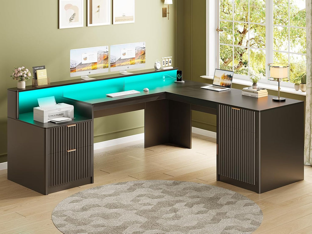 SEDETA 66' Modern L Shaped Desk with Drawers, Fluted Home Office Desk with File Cabinet & Printer Shelf, Wood Executive Desk with Monitor Stand, Power Outlets, Led Lights, Black