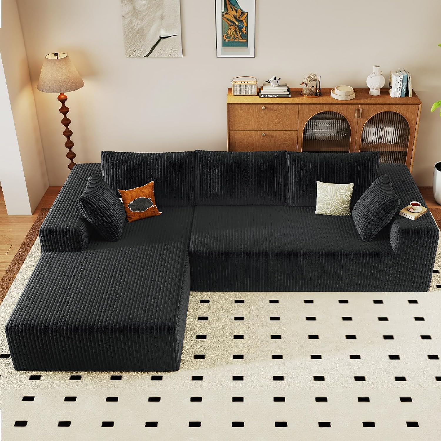 96' Modular Sectional Couch, Boneless L Shaped Cloud Sofa with Chaise Lounge, Corduroy Upholstered Couches Memory Foam Deep Seat, No Assembly Required, Ideal for Living Room(Black, Left Facing)