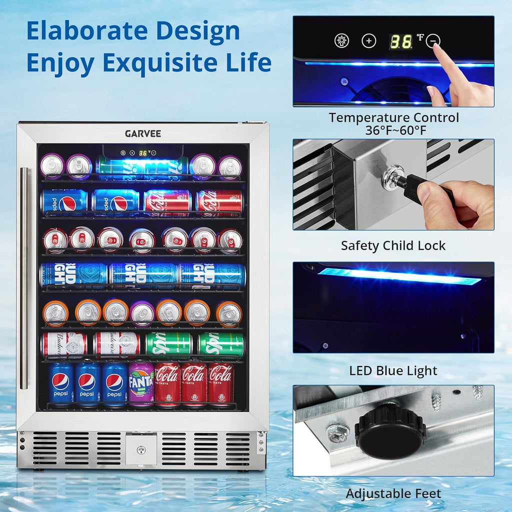 Garvee Beverage Refrigerator, 5.1 Cu.ft Beverage Fridge|166 Cans Capacity, Small Beverage Cooler with 36~60°F Adjustable Digital Temperature Control Compressor and Safety Lock