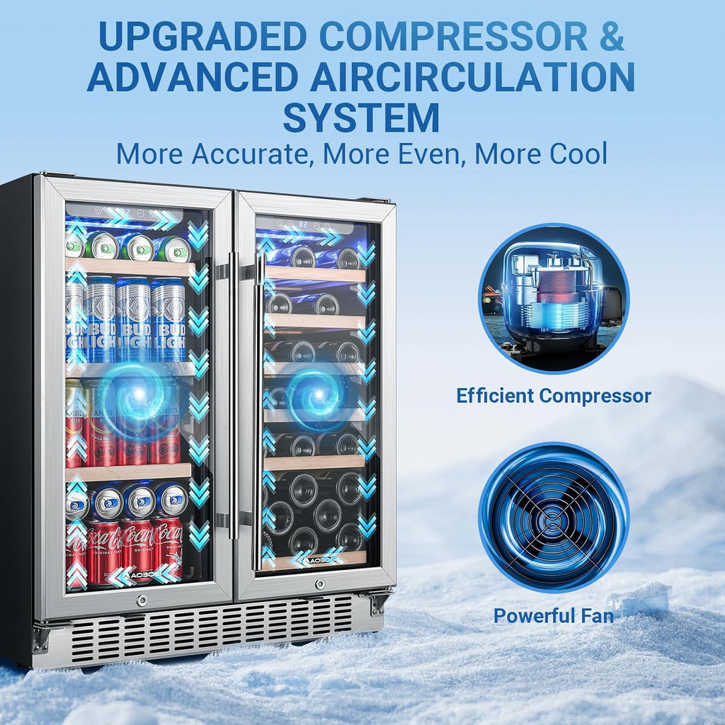 AAOBOSI 30 Inch Dual Zone Wine and Beverage Cooler,31 Bottles & 120 Cans Wine Fridge,Built-in and Freestanding,Removable Fashion Wooden Frame,Intelligent Digital Temperatrue Control,Low Noise