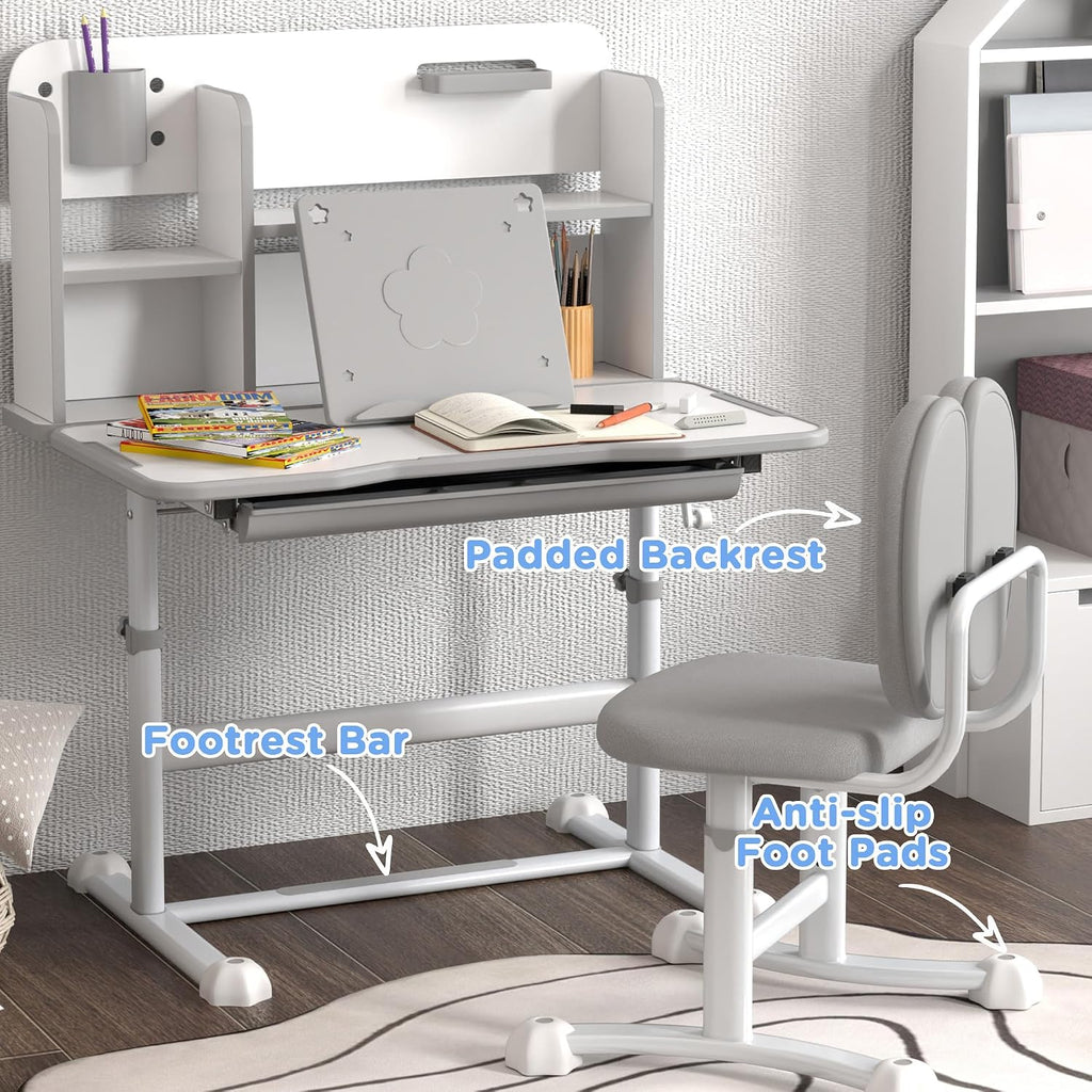 Qaba Kids Desk and Chair Set, Height Adjustable Kids School Study Desk and Chair Set with Tilt Desktop, Storage Drawer and Reading Rack for Writing, Reading and Drawing, Gray
