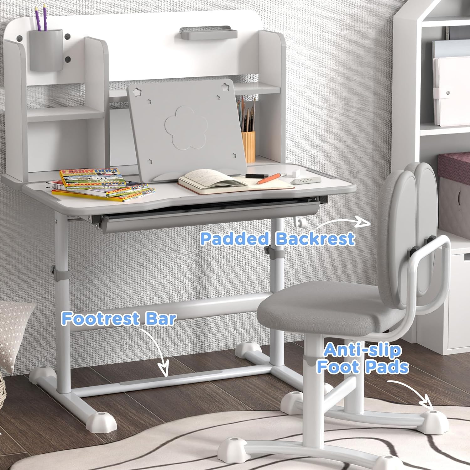 Qaba Kids Desk and Chair Set, Height Adjustable Kids School Study Desk and Chair Set with Tilt Desktop, Storage Drawer and Reading Rack for Writing, Reading and Drawing, Gray