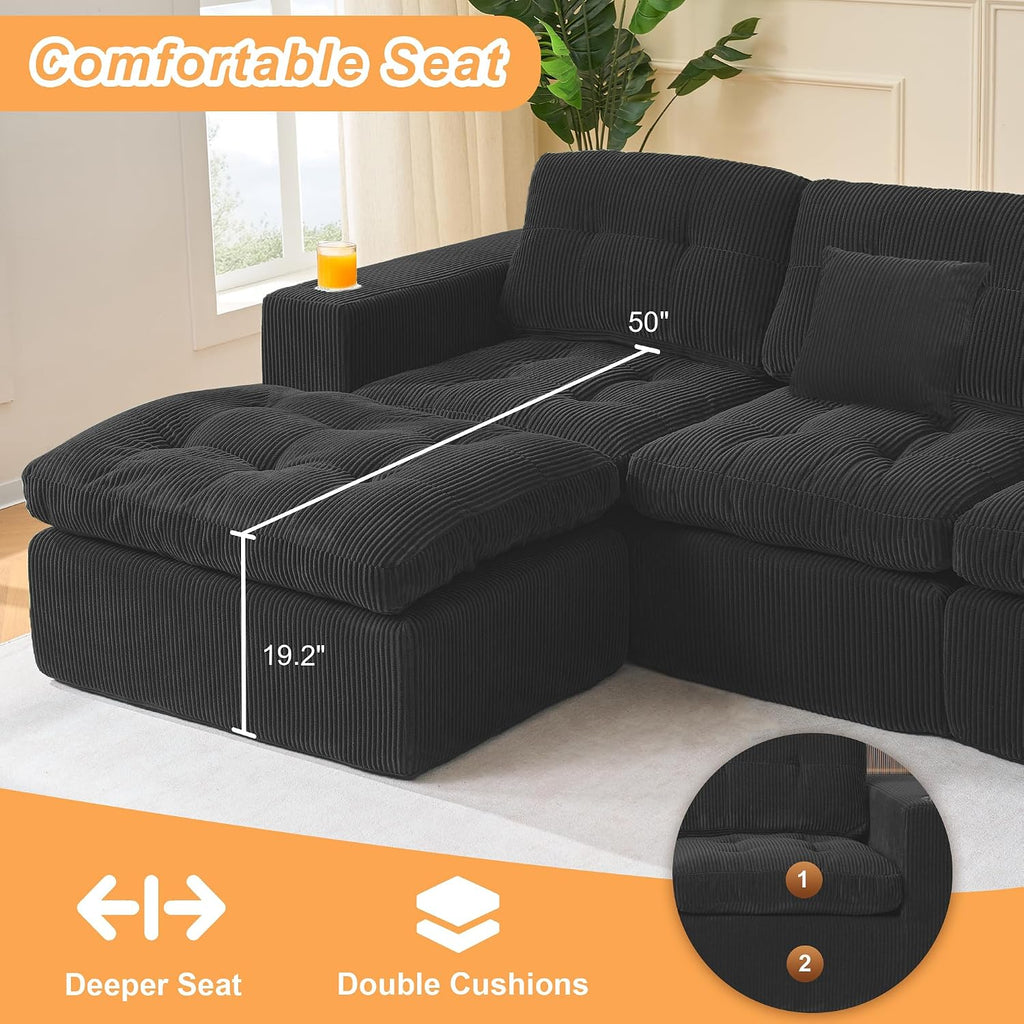 108 inch Boneless L Shaped Modular Sofa Bed, 50' Deep Seat Corduroy Sectional Couch with Ottoman No Assembly, 1400lbs Capacity Cloud Sleeper for Living Room Apartment (Matte Black)