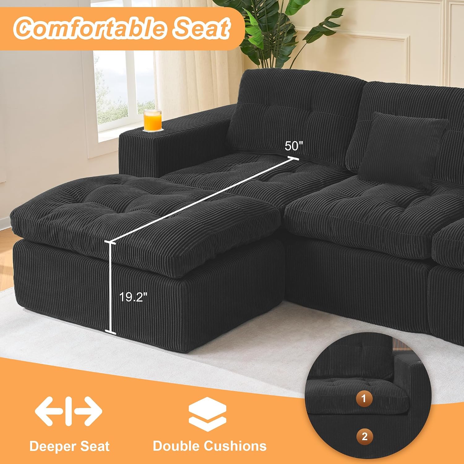 108 inch Boneless L Shaped Modular Sofa Bed, 50' Deep Seat Corduroy Sectional Couch with Ottoman No Assembly, 1400lbs Capacity Cloud Sleeper for Living Room Apartment (Matte Black)