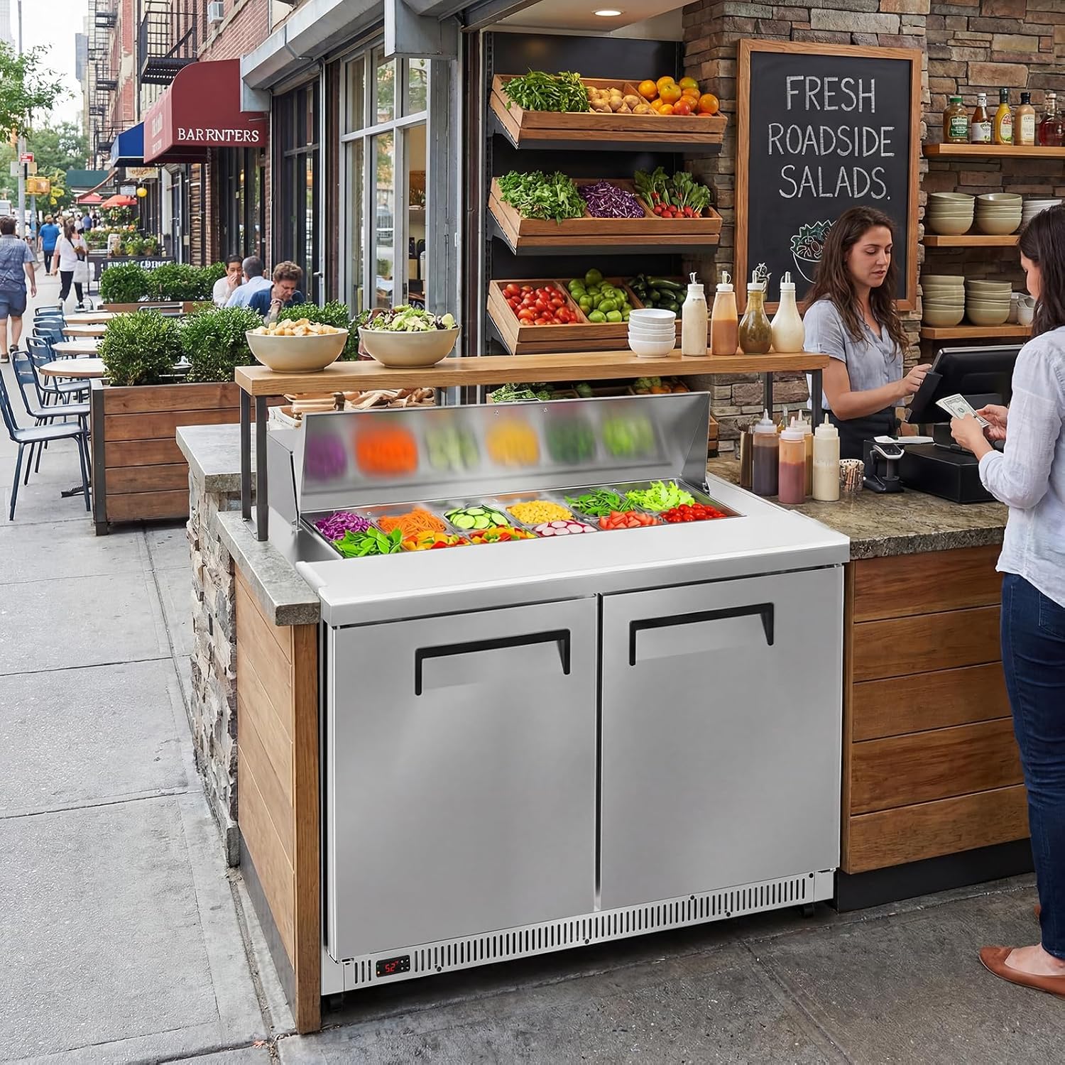 Tylza 48' Commercial Refrigerator, 12.7 Cu.Ft Sandwich Salad Prep Table, Mega Top Worktop Fridge w/ 12 Pans & Cutting Board, 2-Door Stainless Steel Salad Prep Cooler for Restaurant & Food Truck