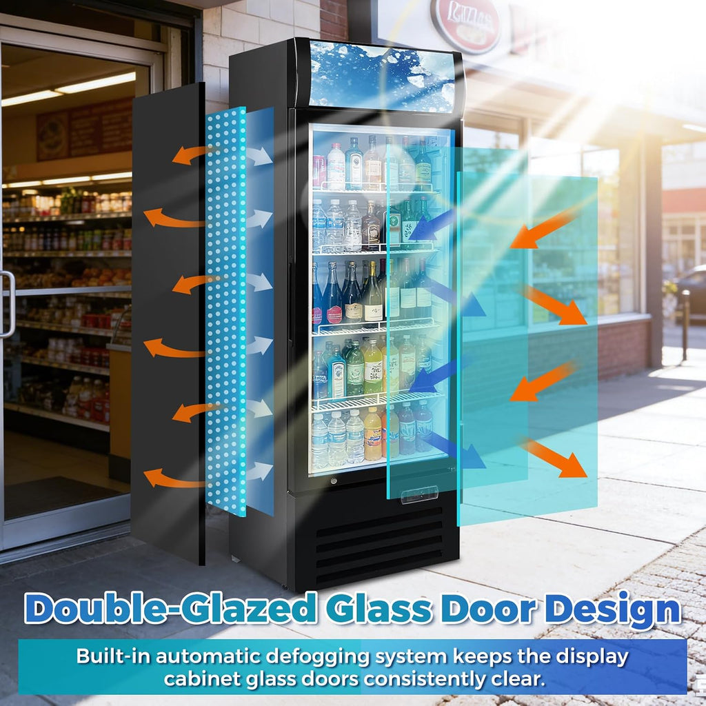 12.5 Cu Ft Commercial Beverage Refrigerator with 1 Glass Doors - Upright Drink Cooler Merchandiser with LED Light Display, 4 Adjustable Shelves, Black, ETL Approved for Business & Retail