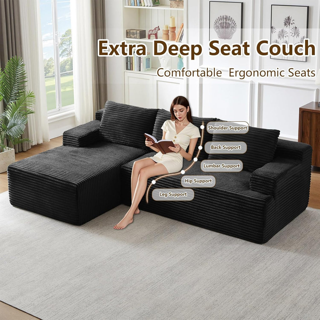 96' Modular Sectional Sofa Couches L-Shape Couch 3 Seat Modular Sofa Corduroy Memory Foam Sectional Boneless Couches for Living Room, Cloud Couch with Oversized Chaise(Black, Left Facing)