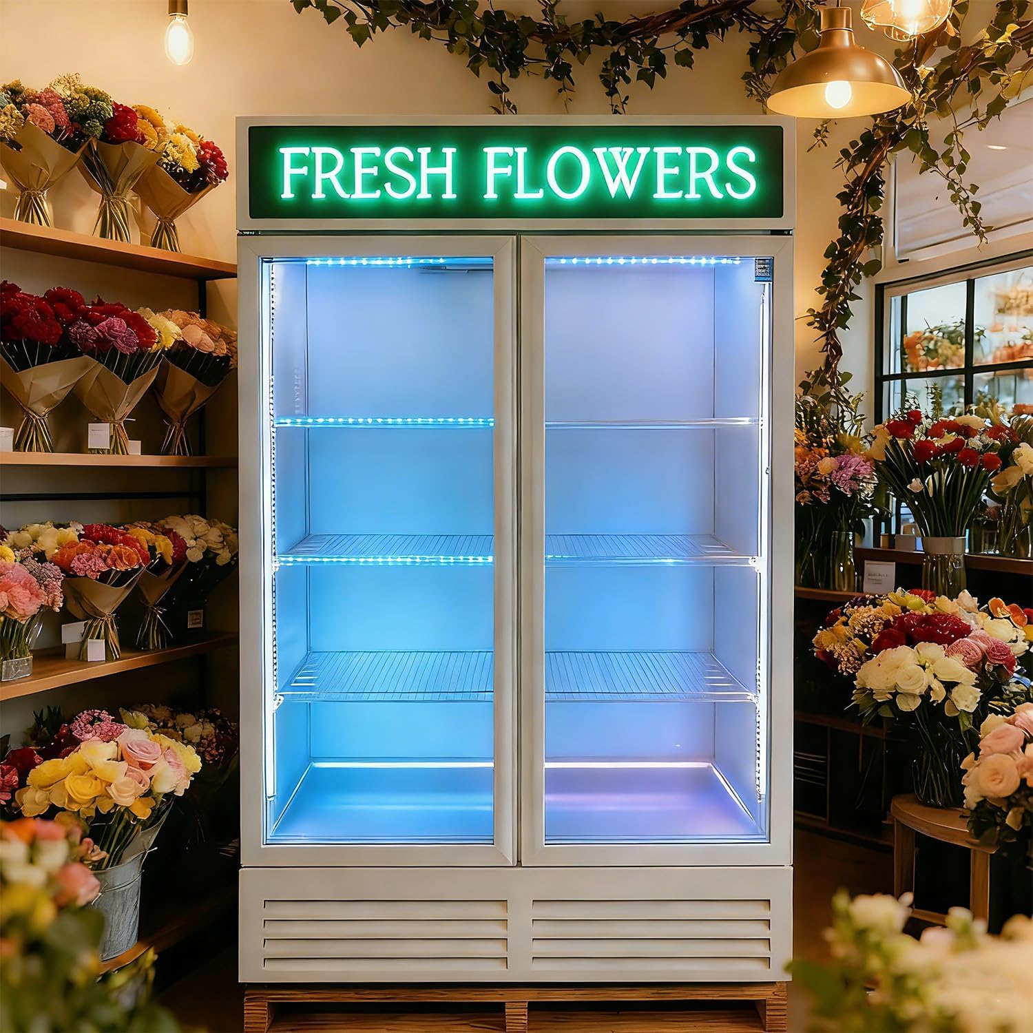 Commercial Refrigerator Display Cooler,White 2 Glass Doors Fridge With LED Light Adjustable Shelves,ETL Approval,40' Wide,Adjustable Shelves & Wheels Included
