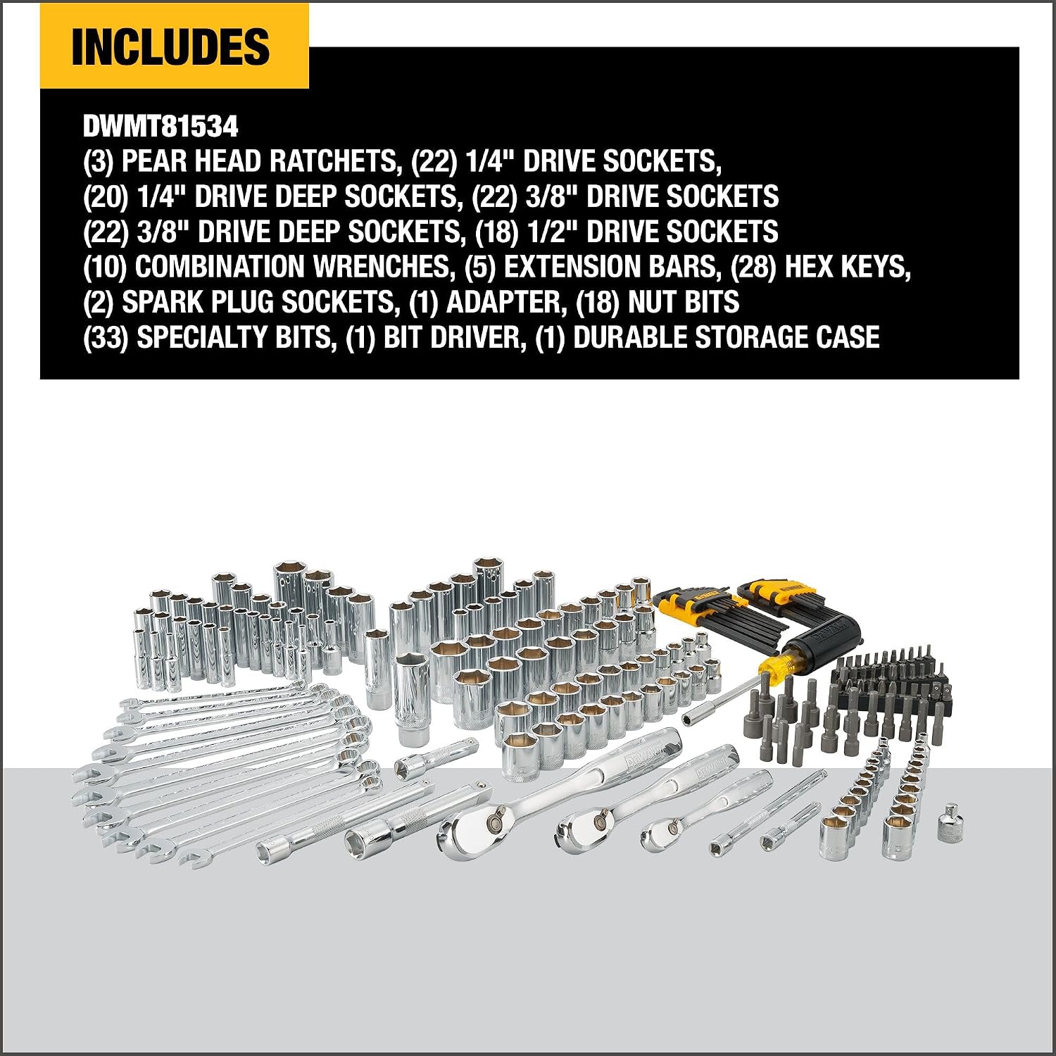 DEWALT Mechanics Tool Set, 1/4' & 3/8' & 1/2' Drive, SAE/Metric, 205-piece (DWMT81534)