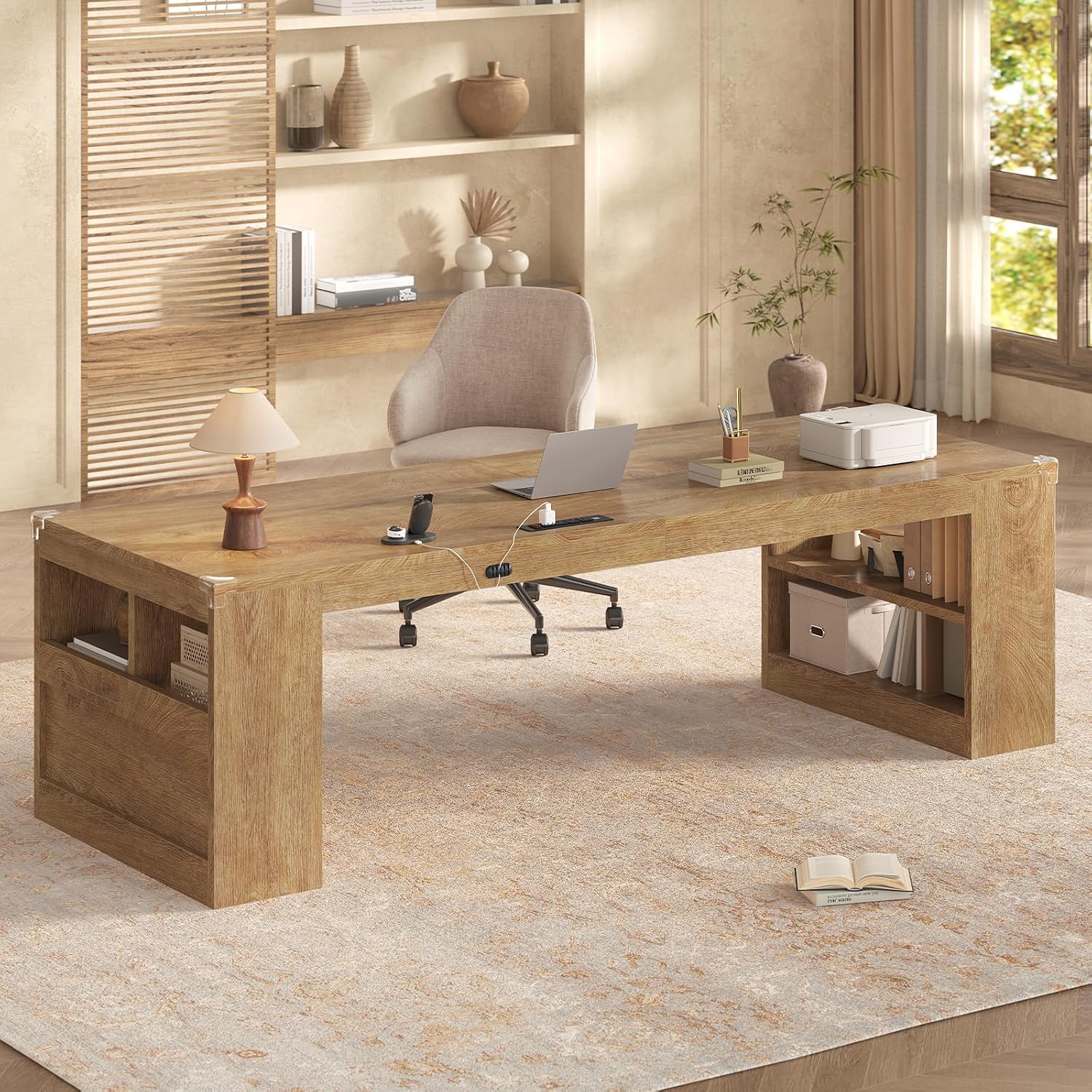 UPOSOJA 2 Person Desk with Power Outlet, 86.6' Wood Office Desk with Cable Management & Storage Shelves, Extra Long Computer Desk, Two Person Gaming Desk, Double Writing Table for Home Office, Oak