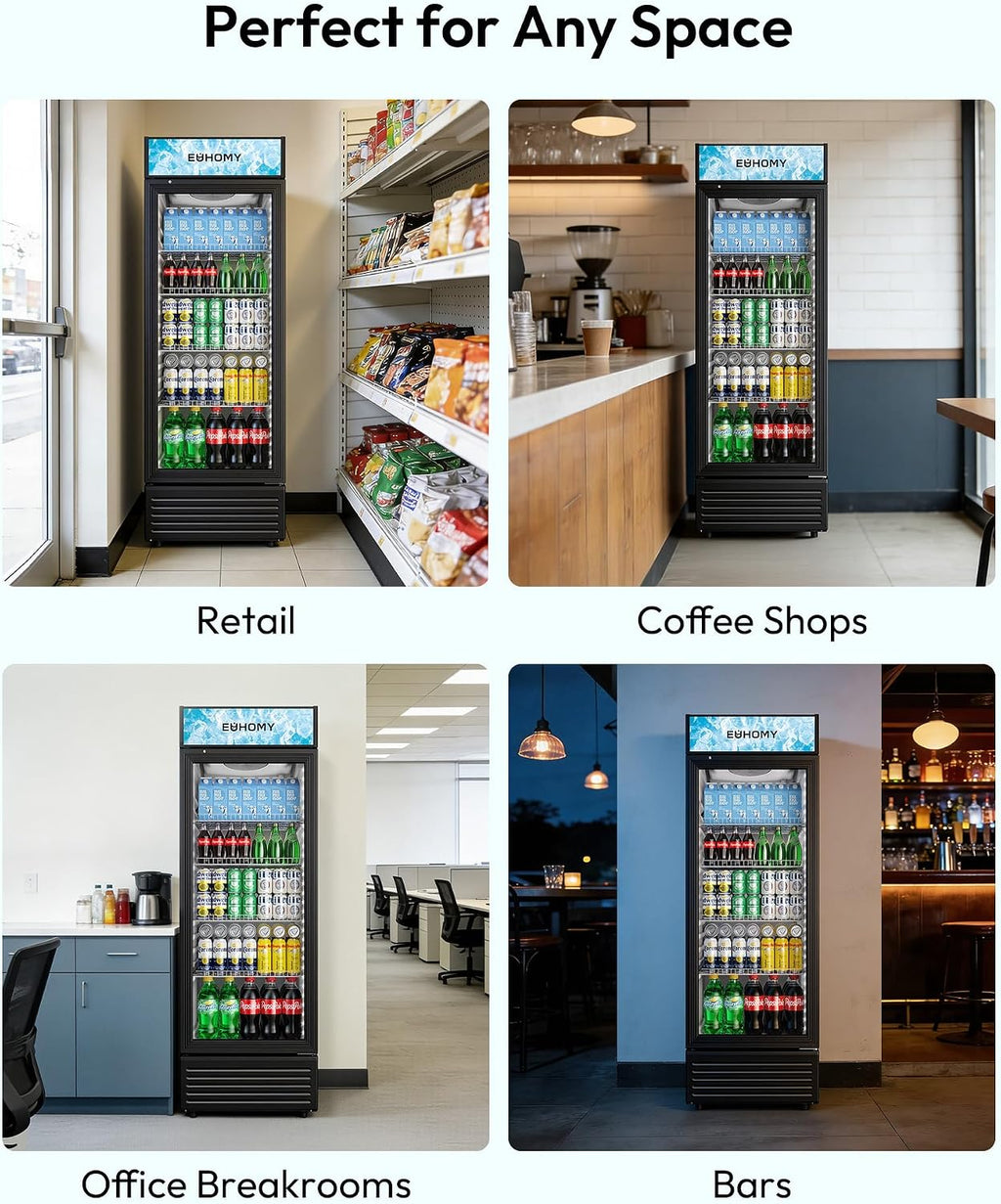 EUHOMY Commercial Refrigerator Glass Door, 12 Cu.Ft Commercial Beverage Refrigerator with Soft LED Light, Adjustable Shelves, Display Refrigerator for Restaurant Cafe Bar, ETL Listed